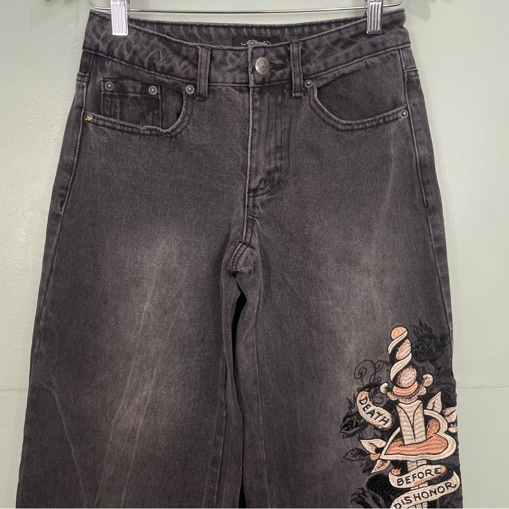 Ed Hardy Loose Wide Leg Jeans Death Before Dishonor Patch Logo Black Women Sz 24 - Picture 2 of 9